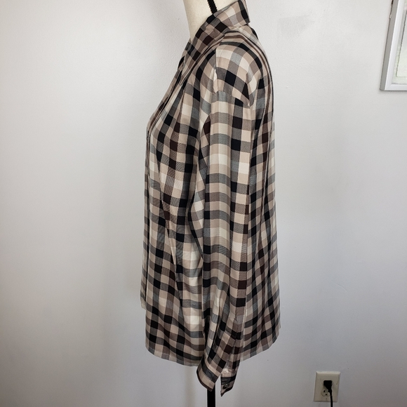 Vintage 90's Designer Dana Buchman Brown & Cream Plaid Silk Button Down Top 6 - Picture 6 of 16